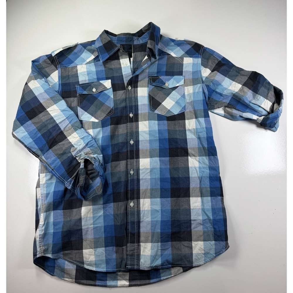 Koman Shirt Mens 2XL blue black gray Plaid western Short Sleeve Pocket Button Up